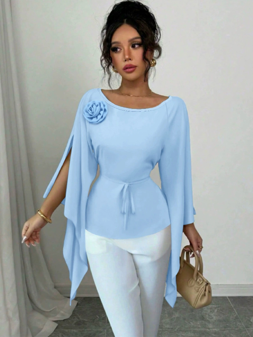 ZARA Women Autumn Elegant Side Slit Long Sleeve Waist Cinch Pullover Blouse